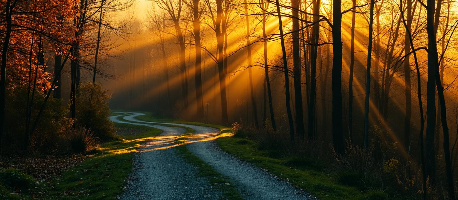 A winding path through a golden forest at dawn